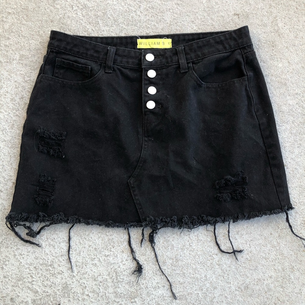 Black Denim Frayed Hem Button Up Front Skirt
